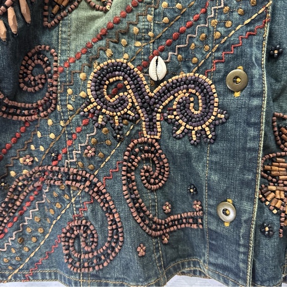 Vintage Chicos Design Blue Denim Jean Jacket Beading Embroidery Sz 1 - Picture 8 of 9